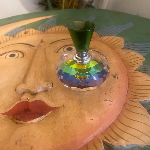 Perfume Glass Bottle Round Rainbow Geometric Prism w/ Green Stopper Vintage - Picture 9 of 12